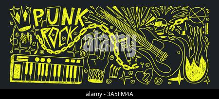 Rock-and-Roll-Musik-Highlight Buntstift gezeichnet Set. Punk Festival Doodle Hintergrund. Scribble Grunge Musik Konzert Flyer Elemente. Gitarre, elektronischer pian Stock Vektor