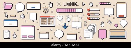 Pixel Art Fenster Schnittstelle Vintage. 8-Bit-Browser- und Menüelemente mit Cursors und Ladeleiste. Pixel-Sprechblasen Bildschirme im Stil der 90er Jahre. UI-Meldung Stock Vektor