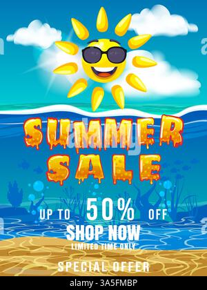 Sommer-Sale-Poster Sonne Zeichentrickfigur, Palmen unter Wasser Stock Vektor