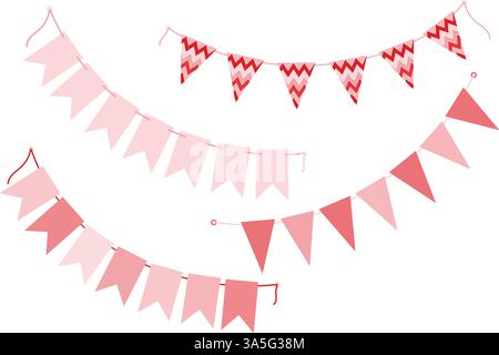 Abstrakte Wimpelgirlanden am Seil trendig Schwarzweiß Rosa Party Dekorative Designelemente Ideenset 4. Isolierte Vektor-Illustration Thematische Karten, Posting oder Web Promo Banner, Faltblätter, Preis, Etiketten Stock Vektor