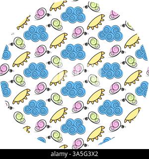Abstrakte Schmetterlinge Wolken Sonne Kreis Hintergrund Textur in trendigen Sommertönen Blau Rosa Gelb. Isolierte Vektor-Illustration Hintergrundbild Thematische Karten oder Web-Werbebanner, Poster, Broschüren, Etiketten Stock Vektor