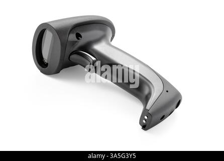 Barcodeleser qr-Code drahtloser Handheld-Barcodeleser mit Dockingstation auf weißem Hintergrund Stockfoto