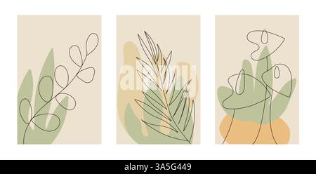 Minimalistische Botanical Line Art Illustrationen mit abstrakten Formen auf Karten mit neutralen Tönen Stock Vektor