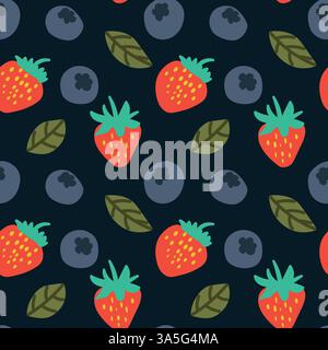 Buntes Obst- und Blattmuster mit Erdbeeren und Heidelbeeren Stock Vektor