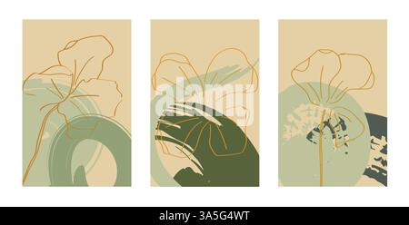 Minimalistische Botanische Illustration Set-Karte Mit Abstrakter Blumenlinie Stock Vektor