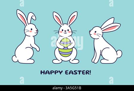 Osterhasen, Kaninchen, Hasen mit bemalten Eiern. Flache Vektorkonstruktion, Umrissdarstellung. Osterfigur, Maskottchen, Aufkleber. Grußkarte, Postkarte, Happy Easter Konzept Stock Vektor