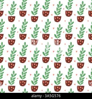 Nahtloses Muster von Topfpflanzen mit Herzen und grünen Blättern Stock Vektor