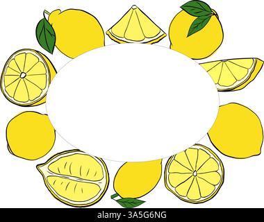 Zitronenfrüchte und Scheiben, ovaler Rahmen, handgezeichnetes Design. Abbildung der grafischen Vektorfarbe. Design, Paket, Broschürenillustration, Verpackungsdesign und Stock Vektor