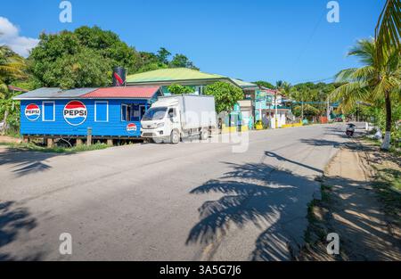 Flowers Bay, Roatan, Honduras – 03. März 2025: Blaues Geschäft mit Pepsi-Schildern und einem Lieferwagen, der draußen geparkt ist Stockfoto