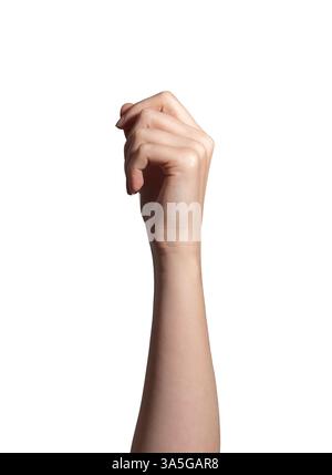 Weibliche Hand macht eine Quetschgeste, Finger halten zart ein unsichtbares winziges Objekt. Symbolisiert Größe, Genauigkeit oder Auswahl. Isoliert auf Wi Stockfoto