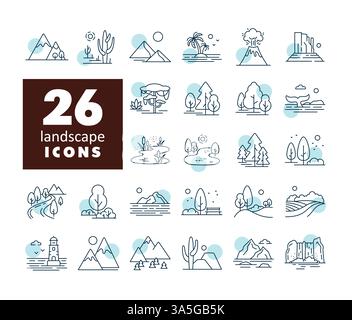 Vektorsymbole für Naturlandschaften. Naturzeichen. Diagrammsymbol für Reise- und Tourismuswebsite und Apps Design, Logo, App, UI Stock Vektor