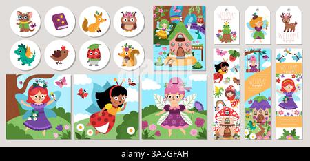 Süße Feenkarten Set mit Elfe, Zwerg, Häusern, Einhorn, Drache, märchenhafte Kreatur. Vektor Waldprinzessin quadratisch, rund, vertikal Druckvorlagen. C Stock Vektor