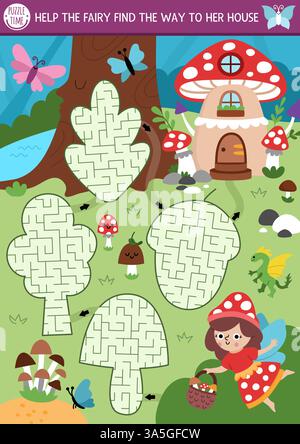 Lustiges Labyrinth für Kinder mit märchenhaften, geometrischen Labyrinthen in Form von Pilzen, Eicheln, Bäumen, Blättern, Märchenprinzessin, die mit Mädchen gedruckt werden kann. Labyrinth Stock Vektor
