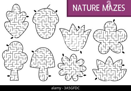 Geometrisches Labyrinth im Wald oder Garten für Kinder. Druckbare Aktivität im Vorschulalter in Form von Blume, Baum, Eichel, Pilz, Blatt. Waldmärchenlabyrinth g Stock Vektor