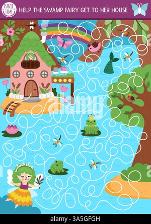 Lustiges Labyrinth für Kinder mit Sumpffee, verzaubertem Haus, Zauberwald, Waldlandschaft. Märchenhafte Prinzessin im Vorschulalter, druckbare Aktivität mit süßem Mädchen Stock Vektor