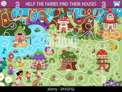 Lustiges Labyrinth für Kinder mit Waldfeen, Häusern und magischer Waldlandschaft. Die märchenhafte Prinzessin im Vorschulalter kann mit süßen Mädchen mit Flügeln bedruckt werden. L Stock Vektor