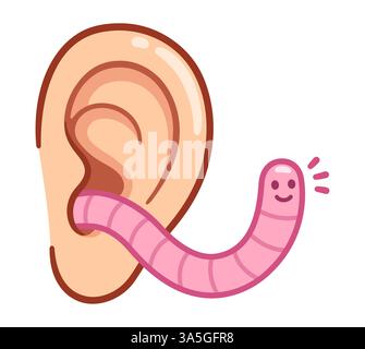 Zeichentrickohrwurm lustige Zeichnung. Niedlicher Wurm, der aus dem Ohr ragt. Illustration isolierter Vektorgrafik. Stock Vektor