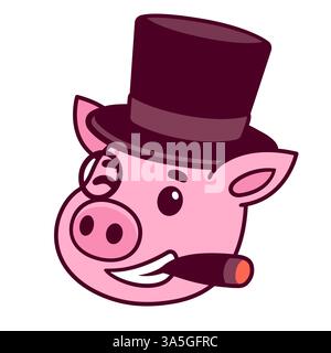Lustige Karikatur der kapitalistischen Schweinekartei. Reicher Schweinefleisch-Boss mit Zigarre, Monokel und Hut. Niedliche Vektor-Illustration. Stock Vektor