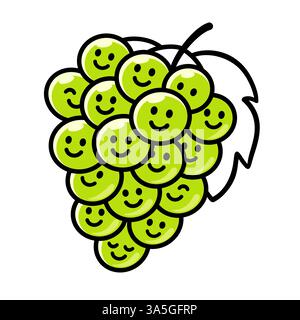 Niedliche Cartoon-Trauben mit lustigen lächelnden Gesichtern. Einfache handgezeichnete Kritzelzeichnung, isolierte Vektorillustration. Stock Vektor