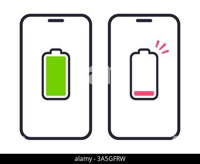 Zwei Smartphones mit Symbolen für den Energiestatus, niedrigem Akkuladestand und vollem Ladezustand. Vektorabbildung. Stock Vektor
