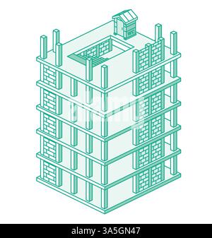 Prozesskonzept wird erstellt. Bau eines Wolkenkratzers. Aufbau eines mehrstöckigen Gebäudes. Urbane Architektur. Vektorabbildung. Stock Vektor