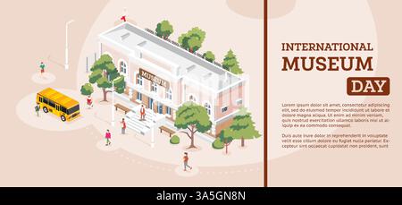 Internationaler Museumstag. Vektorabbildung. 18. Mai. Isometrische Ansicht des Museumsgebäudes. Schönes klassisches Gebäude mit Säulen. Bäume und Menschen Stock Vektor