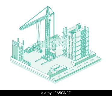 Baustelle mit Kran und Wolkenkratzer. Prozess des Baus eines mehrstöckigen Gebäudes. Vektorabbildung im Konturstil. Stock Vektor