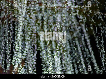 Abstrakter Hintergrund der weißen Bokeh-Lichter. Bokeh-Hintergrund mit hellen Lichtern bei Nacht. Hintergrundkonzept Stockfoto