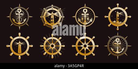 Set mit nautischem Emblem im Retro-Stil Stock Vektor