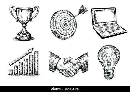 Eine Vielzahl von Symbolen, die sich auf Geschäft und Erfolg beziehen Stock Vektor