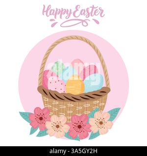 Ein Korb mit Eiern mit rosa Hintergrund und Blumen Stock Vektor