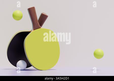 Ein verspieltes abstraktes Objekt in Apfelform mit Tischtennispaddeln und -Bällen. 3D-Rendering Stockfoto