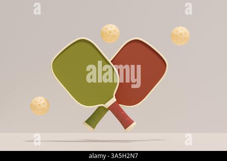 Bunte gekreuzte Paddel und Kugeln für ein lustiges Spiel mit Pickleball.3D-Rendering Stockfoto