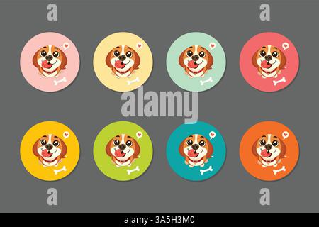 Runder Aufkleber Set mit niedlichem Welpen flache Vektor-Illustration. Stock Vektor