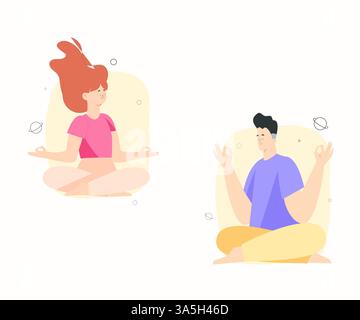 Minimalistisches Yoga und Meditation Illustration - Mann und Frau üben Achtsamkeit Stock Vektor