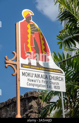 Mokuaikaua Kirche, historisches Zeichen, Kona, Kailua-Kona Hawaii Island, älteste christliche Kirche auf den hawaiianischen Inseln, historisches Gebäude Stock Photo Stockfoto