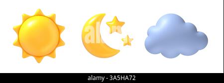3D Sonne, Mond und Wolke. Realistische gelbe Sonne, Halbmond mit Sternen und blaue Regenwolke Wetter realistische Hochglanzsymbole. Sonniger Tag, klare Nacht und bewölktes Zeichen. Vektor-isolierter Satz. Stock Vektor