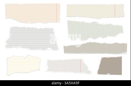 Gerissenes Notizpapier. Fetzen von liniertem und quadratischem Notizheftpapier. Realistische Stücke mit abgerissenen Kanten für Notizen und Scrapbook-Collage. Vorlagen für Torned Memo. Vektor-isolierter Satz. Stock Vektor