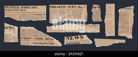 Zerrissene Zeitung. Altes Zeitungsschneidset. Vintage-Papierstücke mit gezackten Kanten. Zerrissene Papierelemente mit Typografie. Zerrissene Schrott für moderne Scrapbook-Collage. Vektorsatz. Stock Vektor