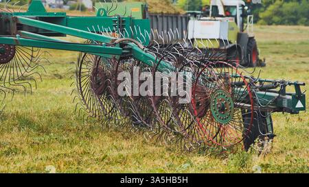Grüner rotierender Heu-Rechen, der während der Sommerernte Gras auf dem Feld dreht und Heu für die Ballenherstellung vorbereitet Stockfoto
