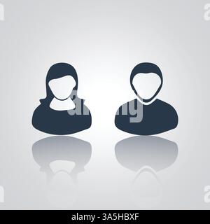 Piktogramme von einem Mann und einer Frau Avatar, ein Gesicht mit langen Haaren einer Frau und ein Profilschild, Stock Vektor