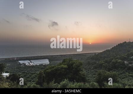 Olivenbäume, Meer und Sonnenuntergang. Kalamata, Griechenland, Europa Stockfoto