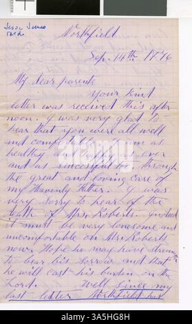 Thomas Hughes, Student des Carleton College, schreibt seiner Familie über das Leben am College und beschreibt den jüngsten Jesse James Northfield RAID von 1876, der einen entscheidenden Moment in Northfields Geschichte reflektiert. Stockfoto