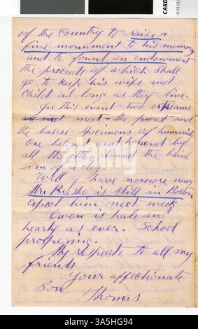 Thomas Hughes schreibt nach Hause vom Carleton College und beschreibt sein College-Leben und die lokalen Nachrichten rund um die Gefangennahme von Jesse James und seiner Bande in Northfield im Jahr 1876. Stockfoto