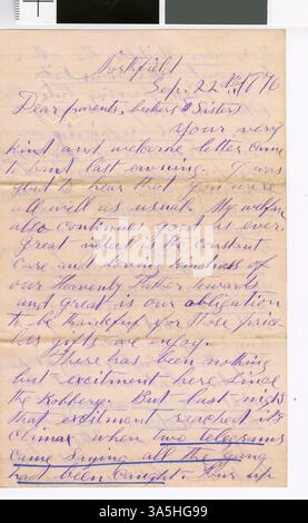 Thomas Hughes schreibt wieder nach Hause, erzählt das Leben am Carleton College und informiert seine Familie über die Gefangennahme von Jesse James und seiner Bande im Jahr 1876, einem wichtigen lokalen Ereignis. Stockfoto