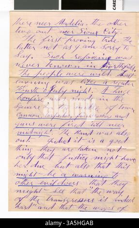 In diesem Brief schreibt Thomas Hughes, Student des Carleton College, über das tägliche Leben und die Schule und erwähnt die kürzliche Gefangennahme von Jesse James und seiner Bande im Jahr 1876, ein bedeutendes Ereignis in Northfield. Stockfoto