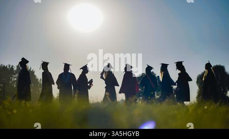 Absolventen mit Silhouetten gehen bei Sonnenuntergang auf einem Feld und halten ihre Diplome nach der Abschlussfeier Stockfoto