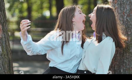 Zwei junge Profis in Fliegenband, die sich im Park anschreit und heftig streitet Stockfoto