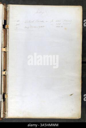 Dieses Buch, das von April 1865 bis Juni 1899 geführt wird, enthält Aufzeichnungen über die Sitzungen des St. Peter School Board, die Schulkosten, die Beschäftigung von Lehrern und den Neubau der Schule abdecken. Stockfoto