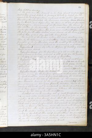 Das Hauptbuch enthält Protokolle des St. Peter School Board von April 1865 bis Juni 1899, in denen das Schulpersonal, die Finanzdaten und die Bauarbeiten detailliert aufgeführt sind. Außerdem sind die Gouverneure Swift, Austin und McGill registriert. Stockfoto